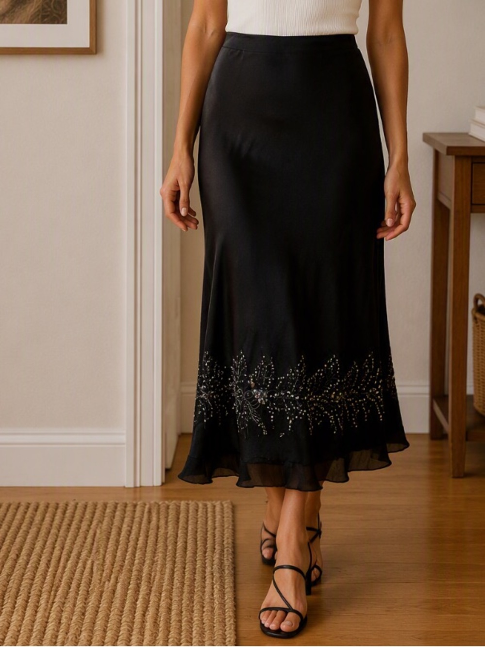 Vintage 90s Black Chiffon Bias-Cut Embellished Chiffon Skirt